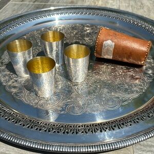 🩶 Vintage Japanese Sterling Shot Glasses with Gold Lining & Leather Travel Case